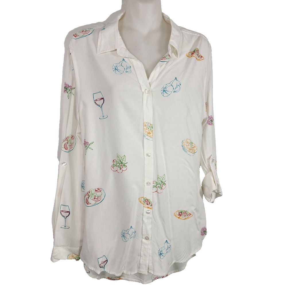 Jane & Delancey Womens Top Foodie Wine Novelty Button White Medium Tab Sleeve